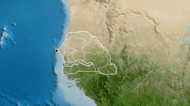 Senegal sınır bölgesinin ve onun bölgesel sınırlarının uydu haritasında yakın çekimleri. Ana nokta. Ülke şekli etrafında özet geç. 