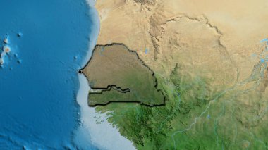 Senegal sınır bölgesinin yakın planında uydu haritasında koyu bir örtüyle vurgulanıyor. Ana nokta. Ülkenin kıvrımlı kenarları. 