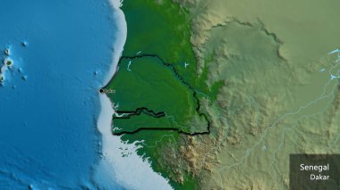 Senegal sınır bölgesinin fiziksel bir haritada yakın plan görüntüsü. Ana nokta. Kırsal kesimin kıvrımlı kenarları. Ülkenin ve başkentinin İngilizce adı