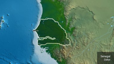 Senegal sınır bölgesinin yakın çekimleri fiziksel haritada koyu bir örtüyle vurgulanıyor. Ana nokta. Ülke çapında parıldıyor. Ülkenin ve başkentinin İngilizce adı