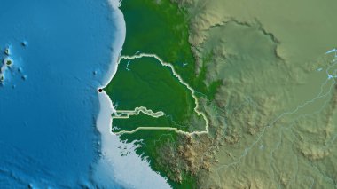 Senegal sınır bölgesinin fiziksel bir haritada yakın plan görüntüsü. Ana nokta. Ülke çapında parıltı. 