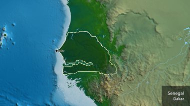 Senegal sınır bölgesinin yakın çekimleri fiziksel haritada koyu bir örtüyle vurgulanıyor. Ana nokta. Ülke çapında bir taslak oluşturun. Ülkenin ve başkentinin İngilizce adı