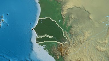 Senegal sınır bölgesinin yakın plan çekimleri bir yardım haritasında koyu bir örtüyle vurgulanıyor. Ana nokta. Ülke çapında parıltı. 