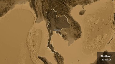 Tayland sınır bölgesinin yakınından, sepia yükseklik haritasında koyu bir örtüyle vurgulanıyor. Ana nokta. Ülke çapında bir taslak oluşturun. Ülkenin ve başkentinin İngilizce adı