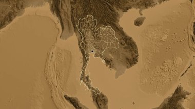 Tayland sınır bölgesine ve bölgesel sınırlarına sepya yüksekliği haritasında yakın plan. Ana nokta. Ülke şekli etrafında özet geç. 