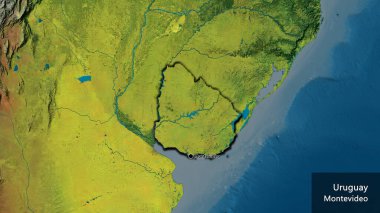 Topoğrafik haritada Uruguay sınır bölgesinin yakın çekimleri. Ana nokta. Kırsal kesimin kıvrımlı kenarları. Ülkenin ve başkentinin İngilizce adı