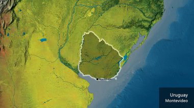 Uruguay sınır bölgesinin bir topografik haritada koyu bir örtüyle ışıklandırılması. Ana nokta. Ülke çapında parıldıyor. Ülkenin ve başkentinin İngilizce adı