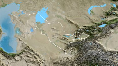 Özbekistan sınır bölgesinin uydu haritası üzerinde yakın plan görüntüsü. Ana nokta. Ülke şekli etrafında özet geç. 