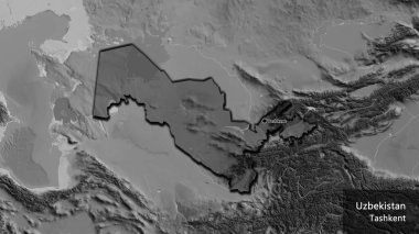 Özbekistan sınır bölgesinin, gri tonlu bir haritada koyu bir örtüyle ışıklandırılması. Ana nokta. Kırsal kesimin kıvrımlı kenarları. Ülkenin ve başkentinin İngilizce adı