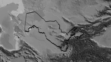 Özbekistan sınır bölgesinin gri tonlu bir haritaya yakın çekimleri. Ana nokta. Ülkenin kıvrımlı kenarları. 