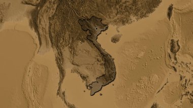 Vietnam sınır bölgesinin yakınından, sepia yükseklik haritasında koyu bir örtüyle vurgulanıyor. Ana nokta. Ülkenin kıvrımlı kenarları. 