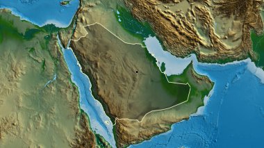 Suudi Arabistan sınır bölgesinin yakın çekimleri fiziksel bir harita üzerinde koyu bir örtüyle vurgulanıyor. Ana nokta. Ülke şekli etrafında özet geç. 