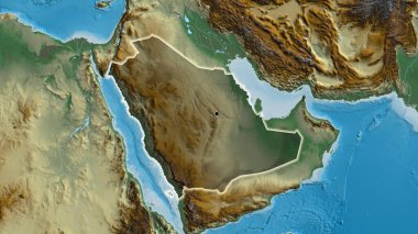 Suudi Arabistan sınır bölgesinin yakın çekimleri bir yardım haritasında koyu bir örtüyle vurgulanıyor. Ana nokta. Ülke çapında parıltı. 