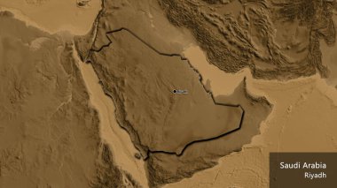Bir sepia yükseklik haritasında Suudi Arabistan sınır bölgesinin yakın çekimleri. Ana nokta. Kırsal kesimin kıvrımlı kenarları. Ülkenin ve başkentinin İngilizce adı