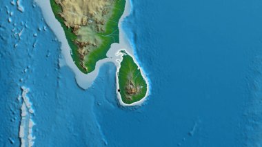 Fiziksel haritada Sri Lanka sınırına yakın çekim. Ana nokta. Ülke çapında parıltı. 