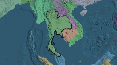 İdari bir haritada Tayland sınır bölgesinin yakın çekimleri. Ana nokta. Ülkenin kıvrımlı kenarları. 