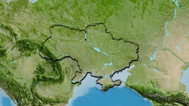 Ukrayna sınır bölgesinin uydu haritasında yakın plan görüntüsü. Ana nokta. Ülkenin kıvrımlı kenarları. 