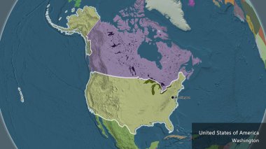 Amerika Birleşik Devletleri sınır bölgesinin bir idari haritada yakın plan görüntüsü. Ana nokta. Ülke çapında parıldıyor. Ülkenin ve başkentinin İngilizce adı