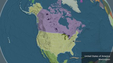 Bir idari harita üzerinde Amerika Birleşik Devletleri sınır bölgesinin ve onun bölgesel sınırlarının yakın çekimleri. Ana nokta. Ülke çapında bir taslak oluşturun. Ülkenin ve başkentinin İngilizce adı