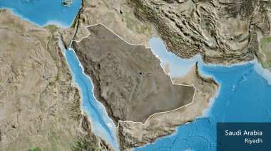 Suudi Arabistan sınır bölgesinin uydu haritasında koyu bir örtüyle işaretlenmiş yakın çekimi. Ana nokta. Ülke çapında bir taslak oluşturun. Ülkenin ve başkentinin İngilizce adı