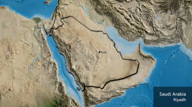 Suudi Arabistan sınırına bir uydu haritasında yakın plan. Ana nokta. Kırsal kesimin kıvrımlı kenarları. Ülkenin ve başkentinin İngilizce adı