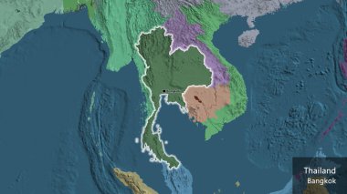 Tayland sınır bölgesinin, idari bir harita üzerinde koyu bir örtüyle ışıklandırılması. Ana nokta. Ülke çapında parıldıyor. Ülkenin ve başkentinin İngilizce adı