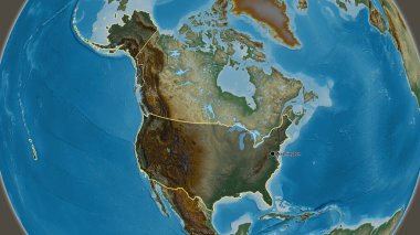 Amerika Birleşik Devletleri sınır bölgesinin yakın çekimleri bir yardım haritasında koyu bir örtüyle vurgulanıyor. Ana nokta. Ülke şekli etrafında özet geç. 