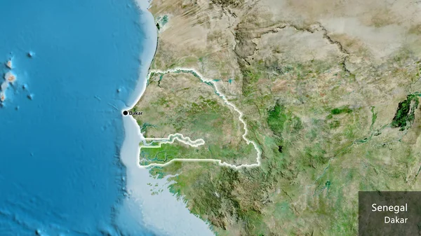 Close Área Fronteira Senegal Mapa Satélite Ponto Capital Brilha Volta — Fotografia de Stock