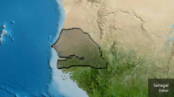Närbild Senegals Gränsområde Med Ett Mörkt Överdrag Satellitkarta Huvudpunkt Skalade — Stockfoto