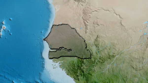衛星地図上の暗いオーバーレイで強調セネガル国境地域のクローズアップ 資本ポイント 国の形の縁が隠されている — ストック写真
