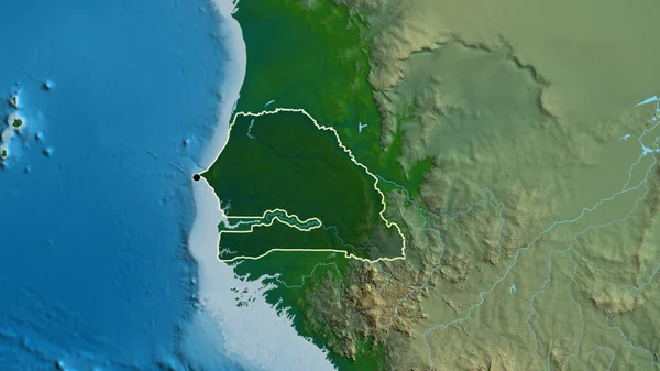 セネガル国境地域のクローズアップは 物理的な地図上の暗いオーバーレイで強調表示されます 資本ポイント 全国の概要 — ストック写真