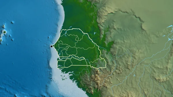 在一张实景地图上对塞内加尔边境地区及其区域边界进行了密切监视 资本点 国家形貌概述 — 图库照片