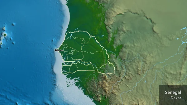 在一张实景地图上对塞内加尔边境地区及其区域边界进行了密切监视 资本点 概略地描述一下国家的面貌 国家及其首都的英文名称 — 图库照片