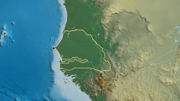 在一张救济地图上对塞内加尔边境地区进行的密切监视 资本点 国家形貌概述 — 图库照片