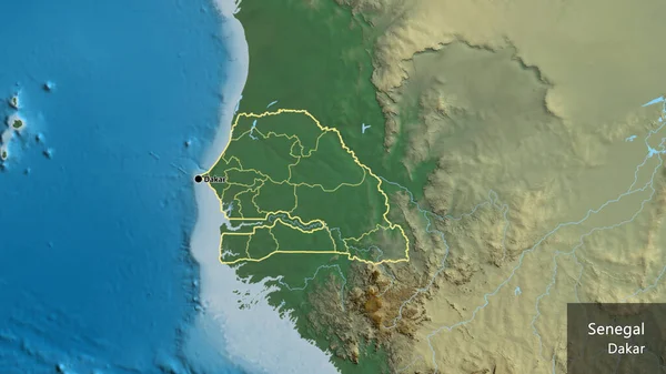 在一张救济地图上对塞内加尔边境地区及其区域边界进行了密切监视 资本点 概略地描述一下国家的面貌 国家及其首都的英文名称 — 图库照片