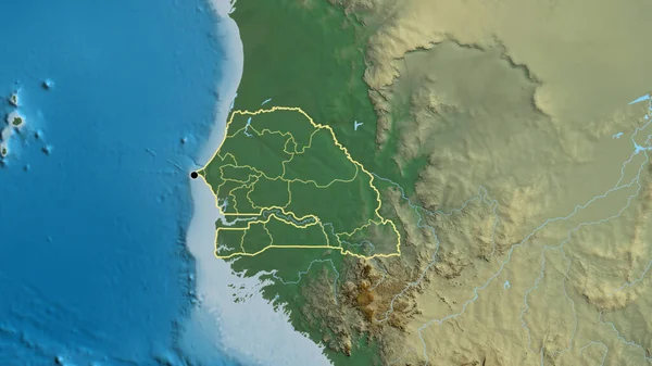 在一张救济地图上对塞内加尔边境地区及其区域边界进行了密切监视 资本点 国家形貌概述 — 图库照片