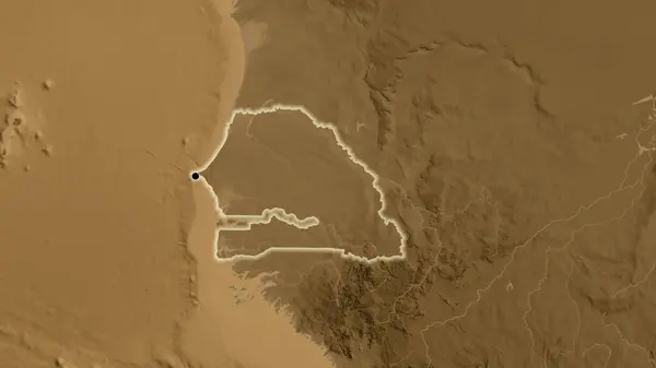 Närbild Senegals Gränsområde Karta Över Sepiahöjder Huvudpunkt Glow Runt Landet — Stockfoto