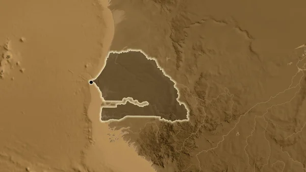 Крупним Планом Прикордонна Зона Сенегалу Підсвічується Темним Накладенням Карту Підвищення — стокове фото