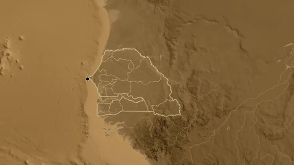 Primer Plano Zona Fronteriza Senegal Sus Fronteras Regionales Mapa Elevación —  Fotos de Stock