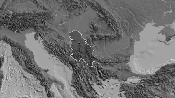 セルビア国境地域のクローズアップは 二階建ての地図上の暗いオーバーレイで強調表示されます 資本ポイント 全国の概要 — ストック写真