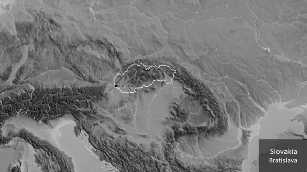 Slovakya sınır bölgesinin yakın çekimleri gri tonlu bir haritada. Ana nokta. Ülke çapında bir taslak oluşturun. Ülkenin ve başkentinin İngilizce adı