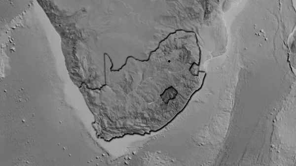 Close-up of the South Africa border area on a grayscale map. Capital point. Bevelled edges of the country shape.