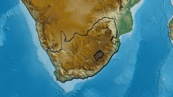 Close-up of the South Africa border area on a relief map. Capital point. Bevelled edges of the country shape.