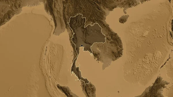 Detailní Záběr Pohraniční Oblasti Thajska Zvýrazňující Tmavý Překryv Mapě Nadmořské — Stock fotografie