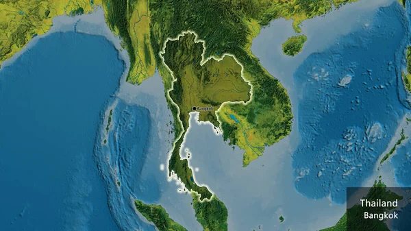 泰国边境地区的特写镜头 用地形图上的黑暗阴影突出显示 资本点 风靡全国各地 国家及其首都的英文名称 — 图库照片