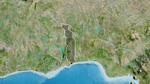 Närbild Togos Gränsområde Med Mörk Överlagring Satellitkarta Huvudpunkt Skissera Runt — Stockfoto