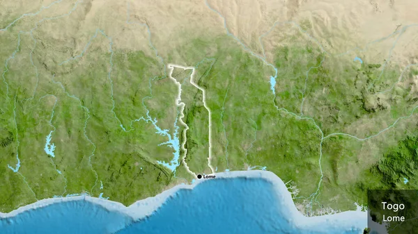 Primer Plano Zona Fronteriza Togo Mapa Satelital Punto Capital Brillan —  Fotos de Stock