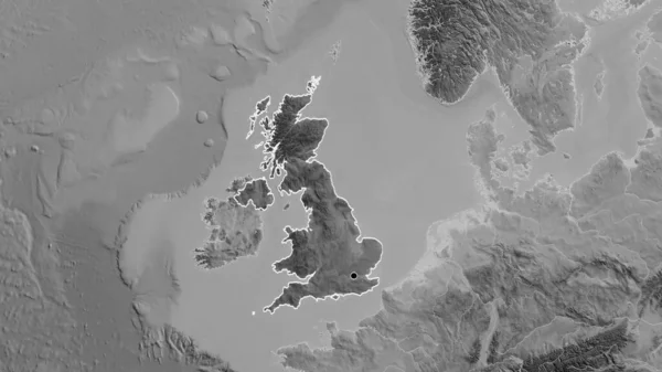 联合王国边境地区的特写镜头 以灰度地图上的黑暗覆盖为重点 资本点 国家形貌概述 — 图库照片