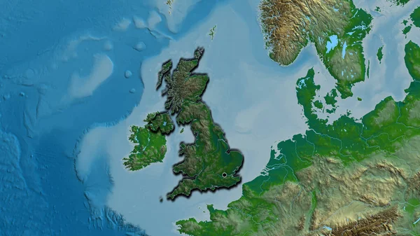 stock image Close-up of the United Kingdom border area highlighting with a dark overlay on a physical map. Capital point. Bevelled edges of the country shape. 