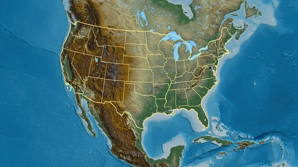 在一张救济地图上对美利坚合众国边境地区及其区域边界进行密切监视 资本点 国家形貌概述 — 图库照片